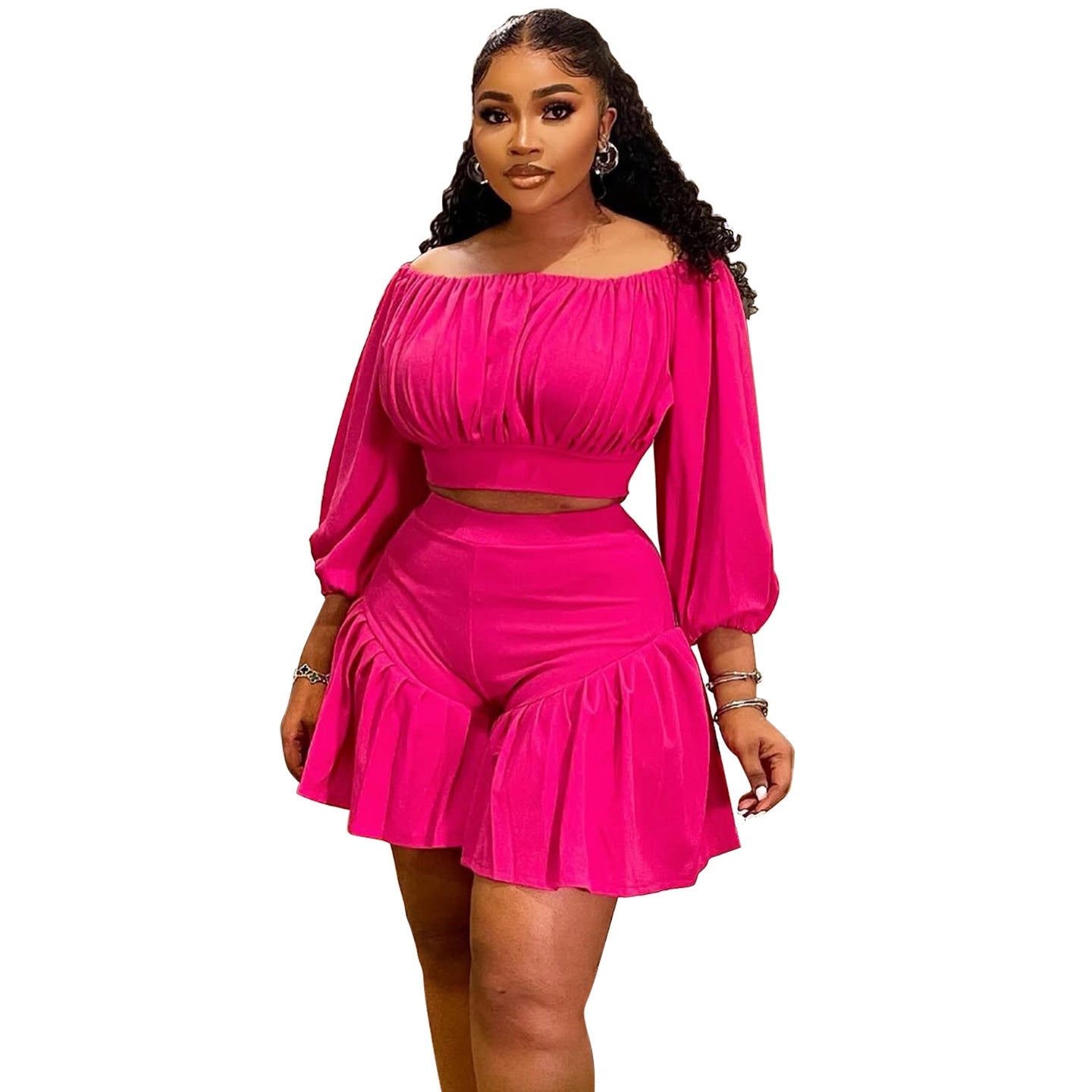 Plus size women's clothing set featuring pleated off-shoulder top and fluffy waist trimming, casual two-piece outfit by Wanita Store.