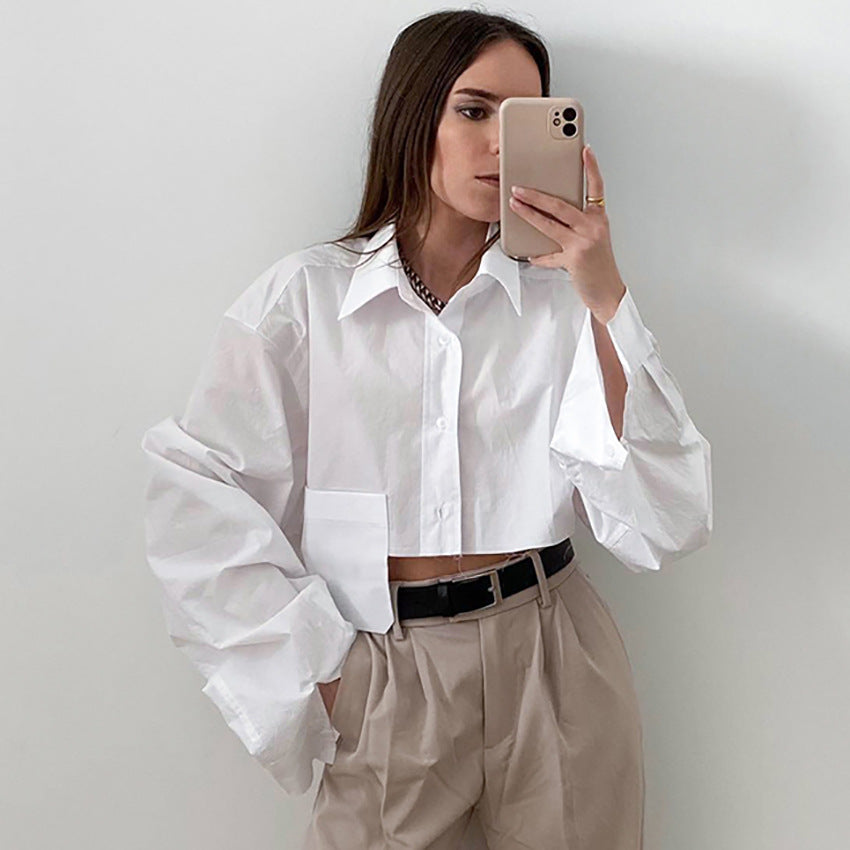 Autumn Cropped Asymmetric Stitching Casual Dignified Sense of Design Short Model in White Color Shirt Women Clothing Bella Mia