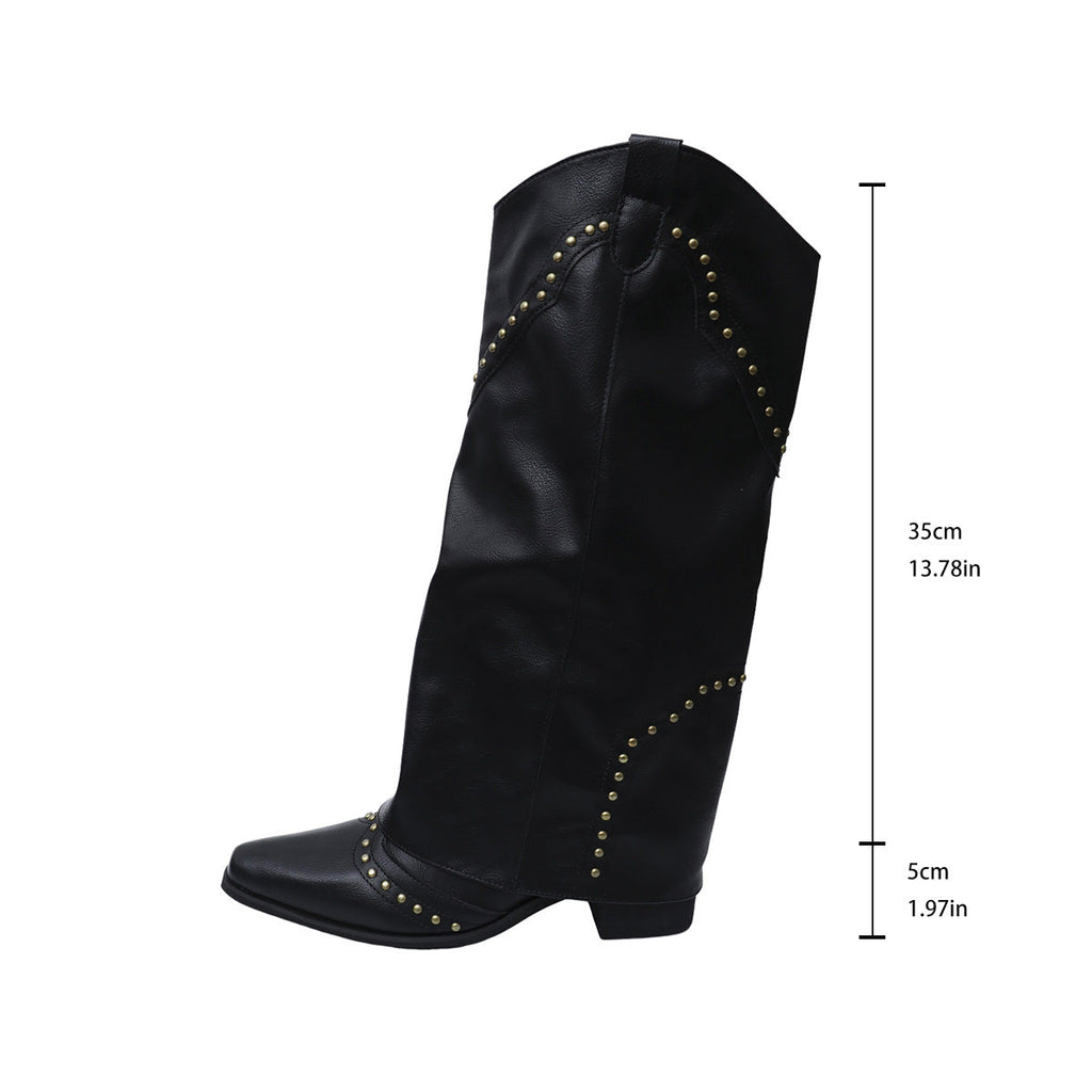 Bella Mia women's retro rivet high top western cowboy boots with pointed toes, mid heels, slip-on design, and long length.