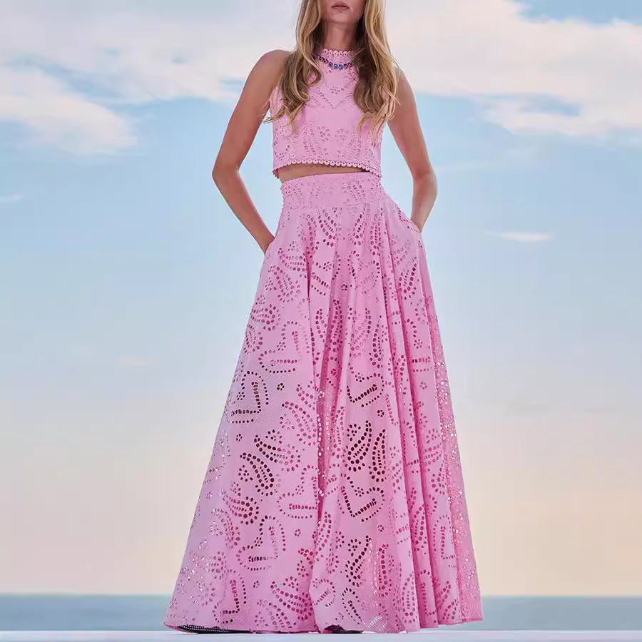 Casual women's sleeveless long skirt and top set with pockets, perfect for spring and summer vacation, by Plush Fashion Hub.