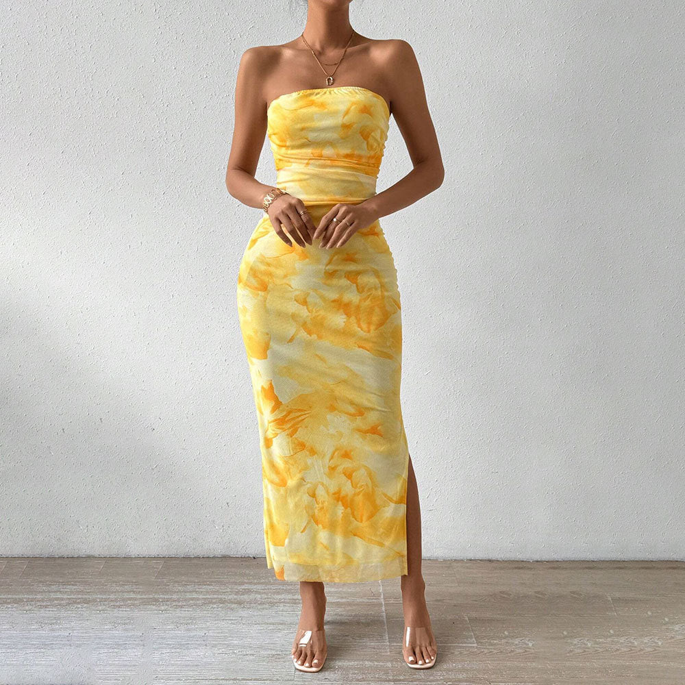 Printed spring and summer high waist slit tube top dress for women, showcasing a stylish and vibrant design.