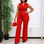 Plush Fashion Hub summer sleeveless collar jumpsuit with lace-up front and wide-leg pants in solid color, casual stylish outfit