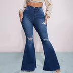 Bella Mia high waist stretch flared jeans with ripped detailing, hip-lifting denim trousers for women, stylish and fitted.