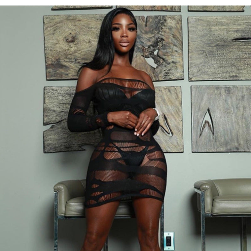 Bella Mia solid color long sleeve mesh dress with cutout and see-through design, featuring hollow out and stitching details.