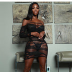Bella Mia solid color long sleeve mesh dress with cutout details and see-through design, featuring stitching and sexy style.