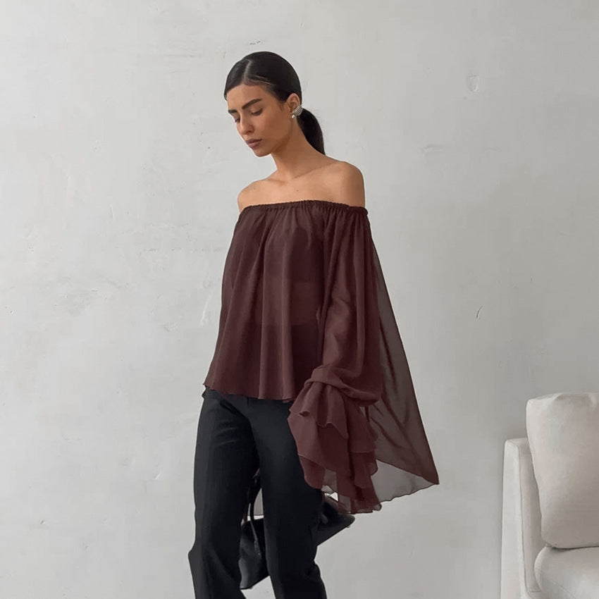 Brown chiffon off-shoulder boat neck top with ruffles, designed for fall and winter, by Bella Mia.