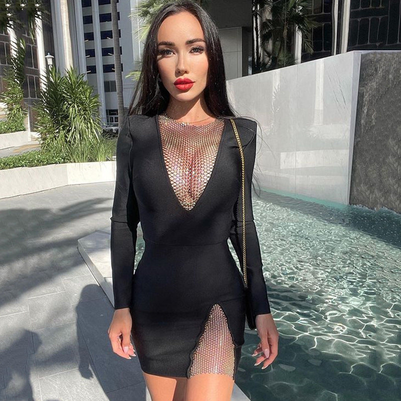 Elegant women's spring and autumn high-grade dress with long sleeves, tight fit, and fashionable sexy design by Plush Fashion Hub.