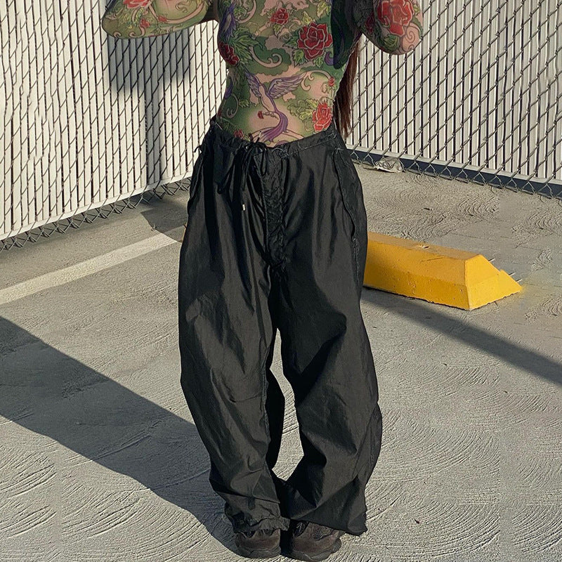 Blue loose woven wide-leg sports pants for women, featuring casual summer street style from Plush Fashion Hub.