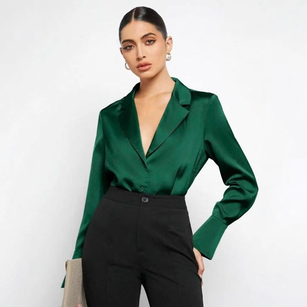Bella Mia satin faux silk long sleeve shirt for women, minimalist spring summer top in elegant, soft fabric.