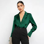 Bella Mia satin faux silk long sleeve shirt for women, minimalist spring summer top in elegant, soft fabric.