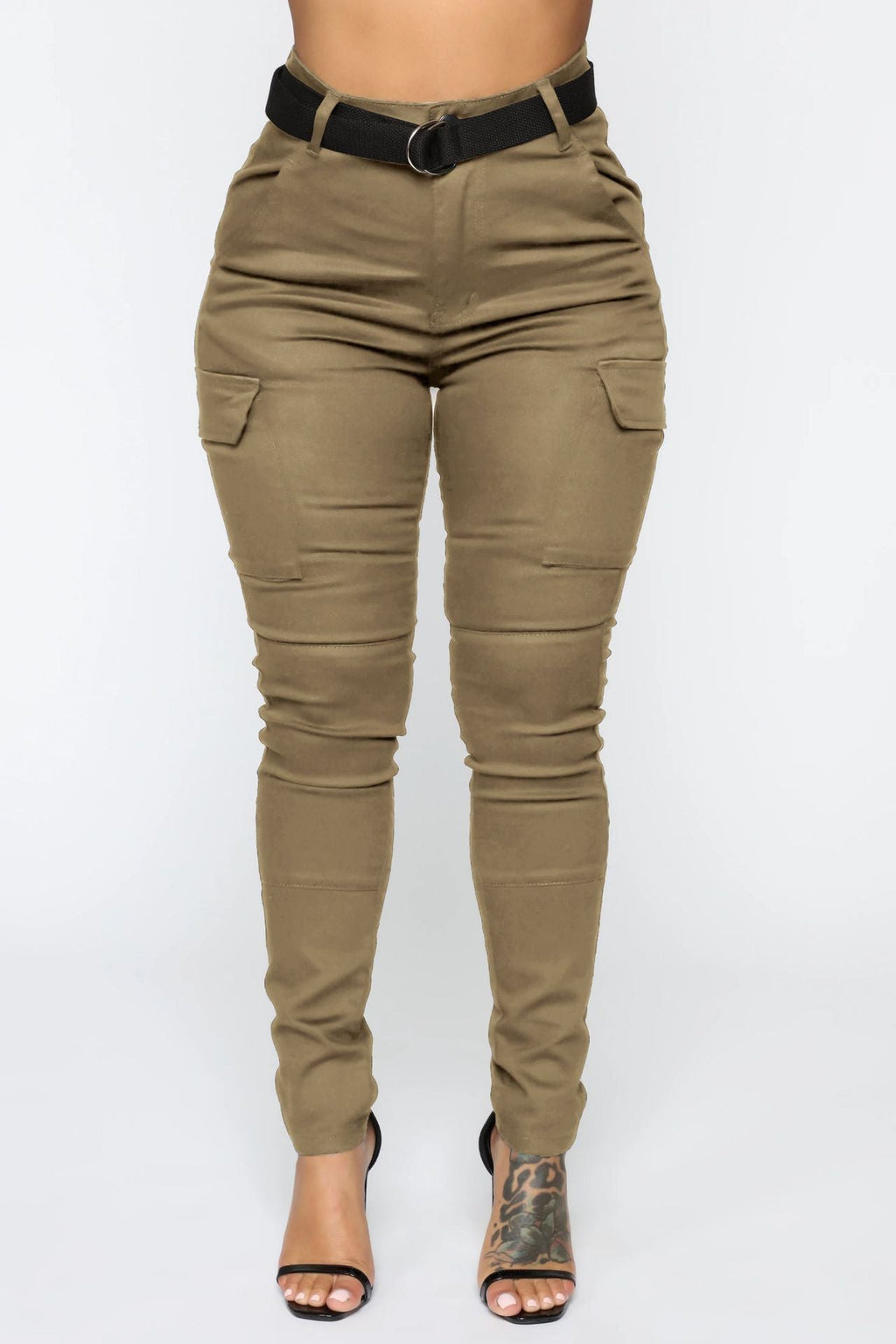 Casual women's four seasons skinny sports pants with stretch fabric and belt, perfect for active and everyday wear.