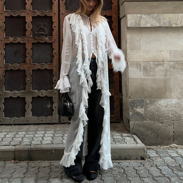 Women’s ruffled chiffon dress by Plush Fashion Hub featuring sheer long sleeves and a single-breasted, sexy, elegant design.