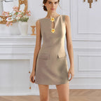 Women’s sleeveless elegant dress by Plush Fashion Hub with rose front buttons, round neck, and waist trimming.