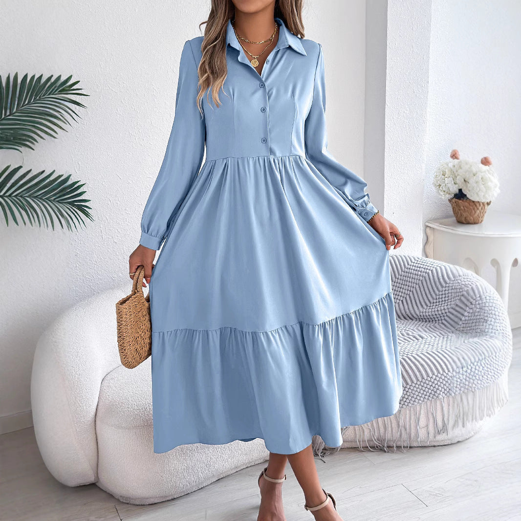 Loose long sleeve ruffled shirt dress for women, featuring a collared autumn winter casual style from Plush Fashion Hub.