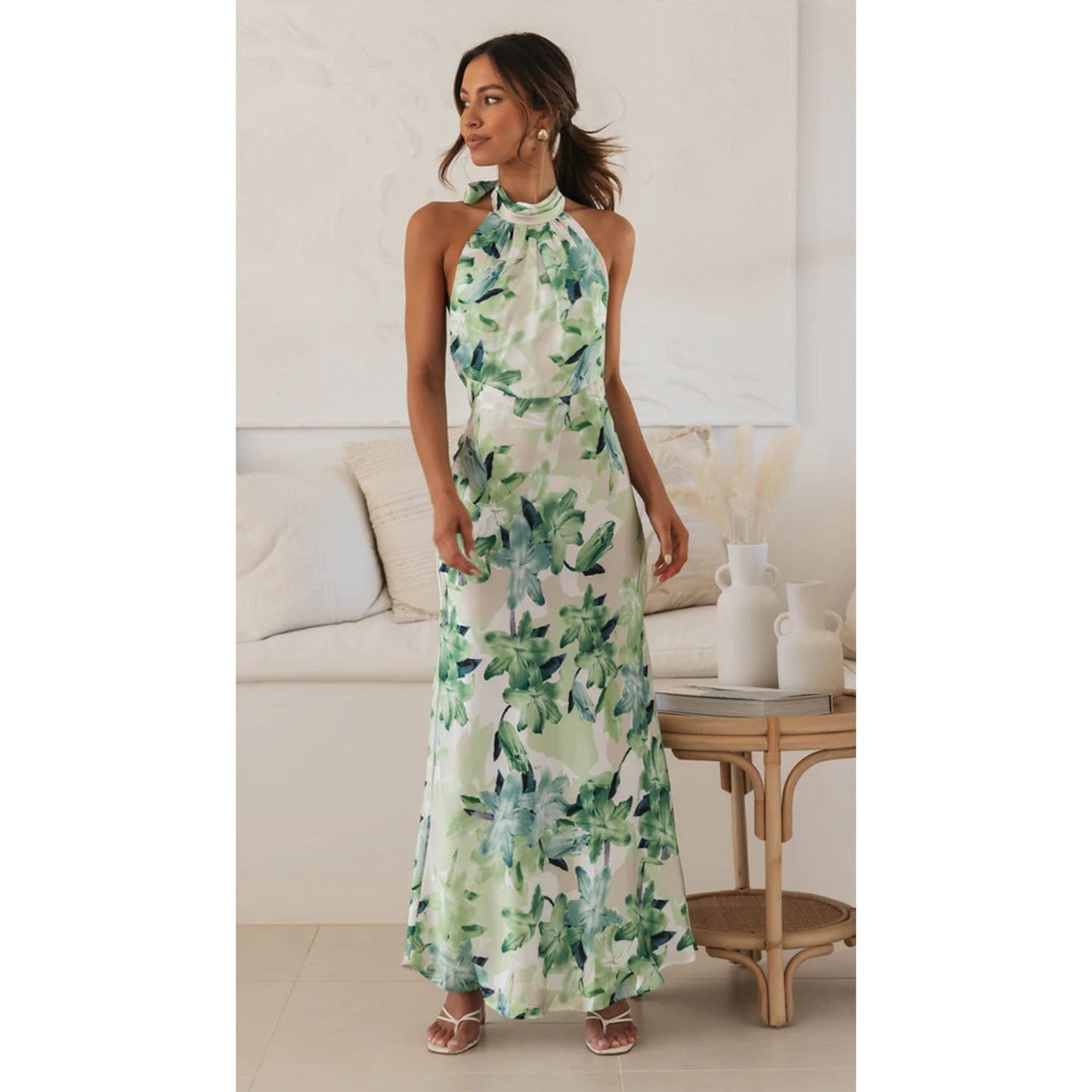 Floral digital print halter dress from Plush Fashion Hub, mid-length spring-summer dress with a sweet design and vibrant colors.