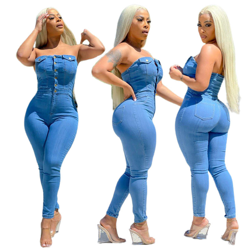 Slim fit denim tube top jumpsuit for women, stylish casual sleeveless top from Wanita Store with a fitted design.