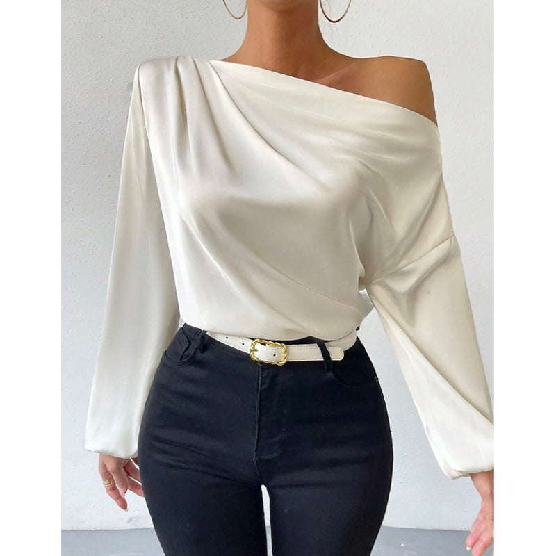 Bella Mia women's long sleeve satin pullover with oblique shoulder design and asymmetric style in solid color.