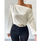 Bella Mia women's long sleeve satin pullover with oblique shoulder design and asymmetric style in solid color.