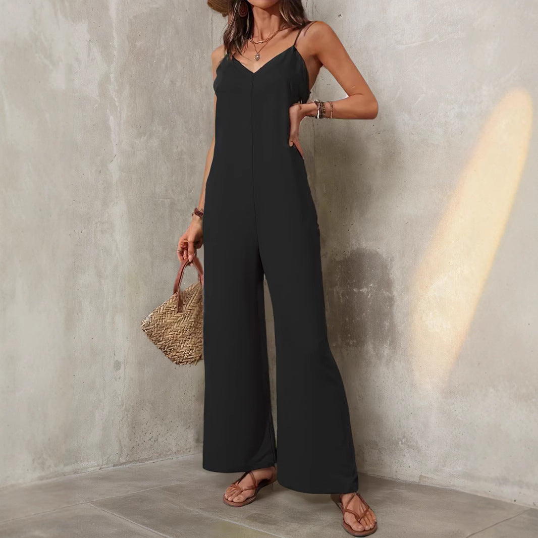 Women’s sleeveless casual jumpsuit by Plush Fashion Hub featuring solid color, loose fit, wide-leg pants, and sling design.