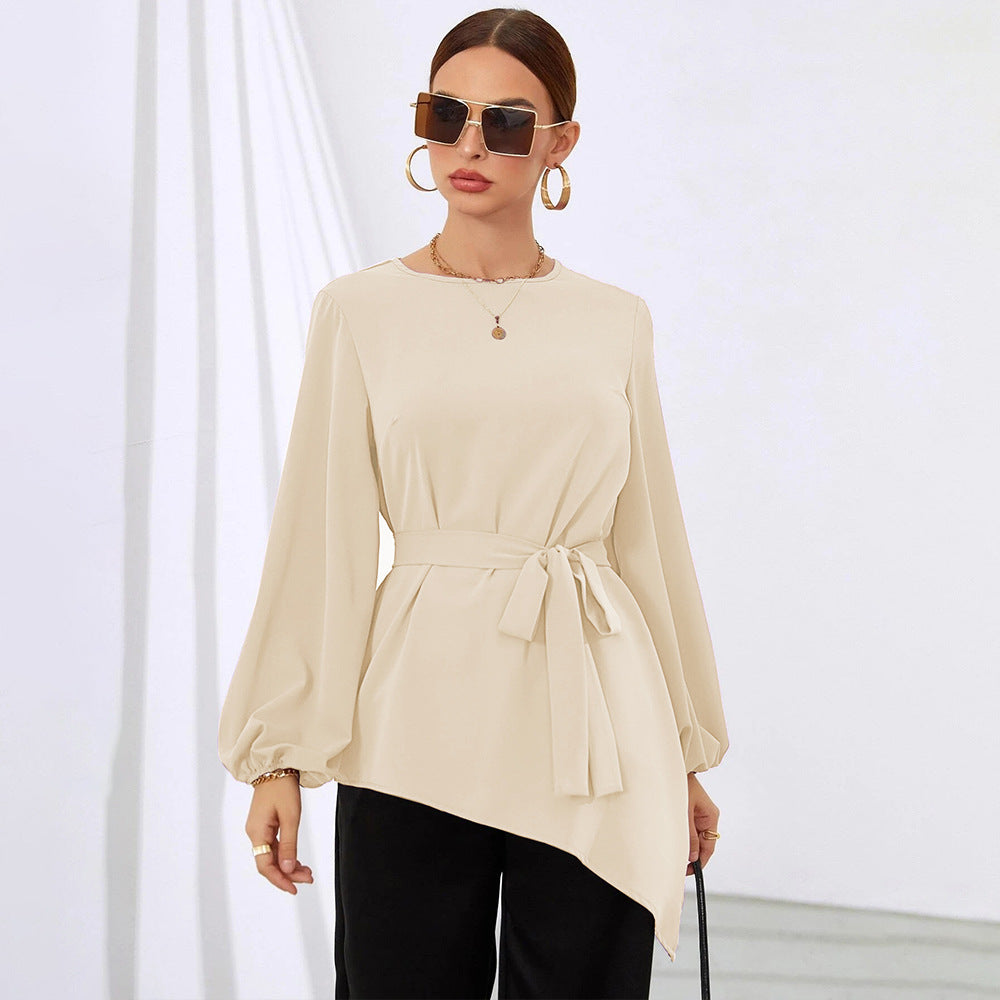 Women Clothing Irregular Asymmetric Early Autumn Top Cinched Long Sleeve Women Shirt Bella Mia