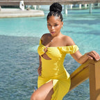 Women’s off-shoulder slim fit summer dress by Wanita Store featuring cutout hollow out design and slit detail.