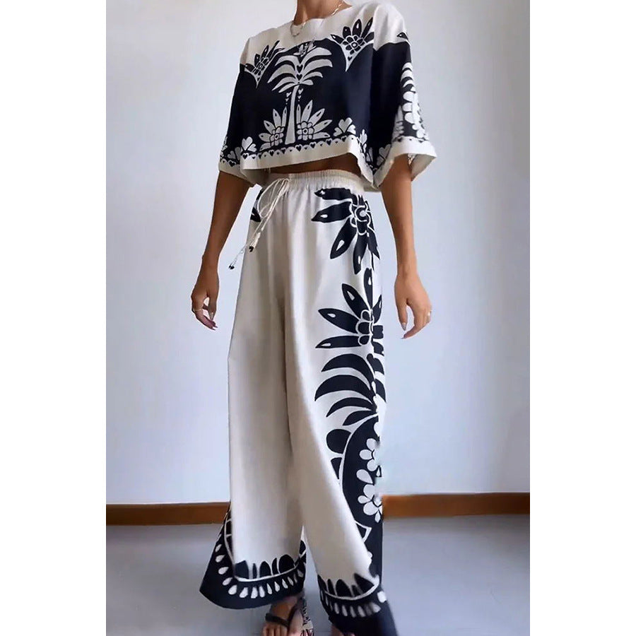 Casual women's spring summer short sleeve two-piece suit with elastic waist, loose fit, perfect for vacation by Plush Fashion Hub