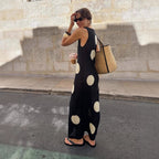 Plush Fashion Hub women's autumn winter polka dot maxi dress, slim fit knitted bohemian see-through dress with casual style.