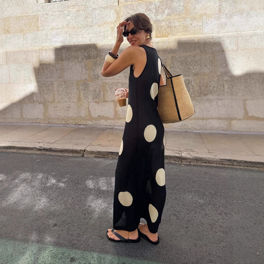 Plush Fashion Hub women's autumn winter polka dot maxi dress, slim fit knitted bohemian see-through dress with casual style.