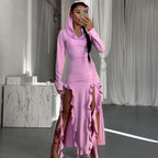 Wanita Store summer ruffled stitching long sleeve hooded asymmetric dress with irregular hem and trendy design, suitable for warm weather.