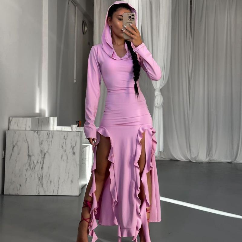 Wanita Store summer ruffled stitching long sleeve hooded asymmetric dress with irregular hem and trendy design, suitable for warm weather.