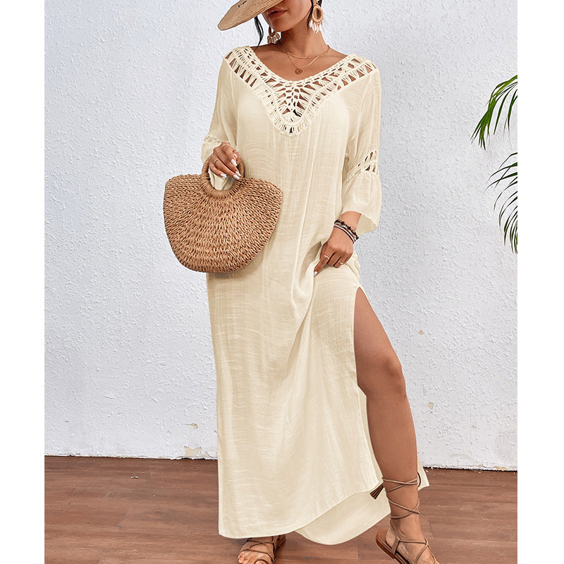 Colorful hand-crocheted women's long beach overskirt with cutout backless design by Bella Mia, featuring loose fit and vibrant stitching.