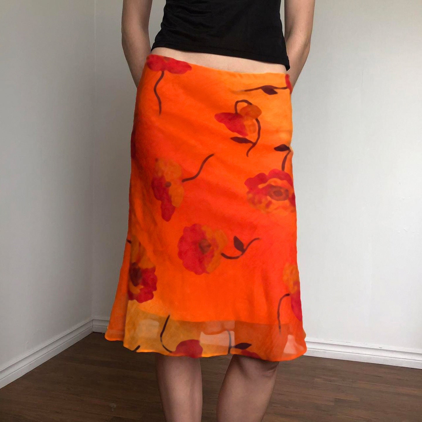 Chinese retro floral print chiffon midi skirt with contrast color accents, mesh design, perfect for vacation and casual wear.