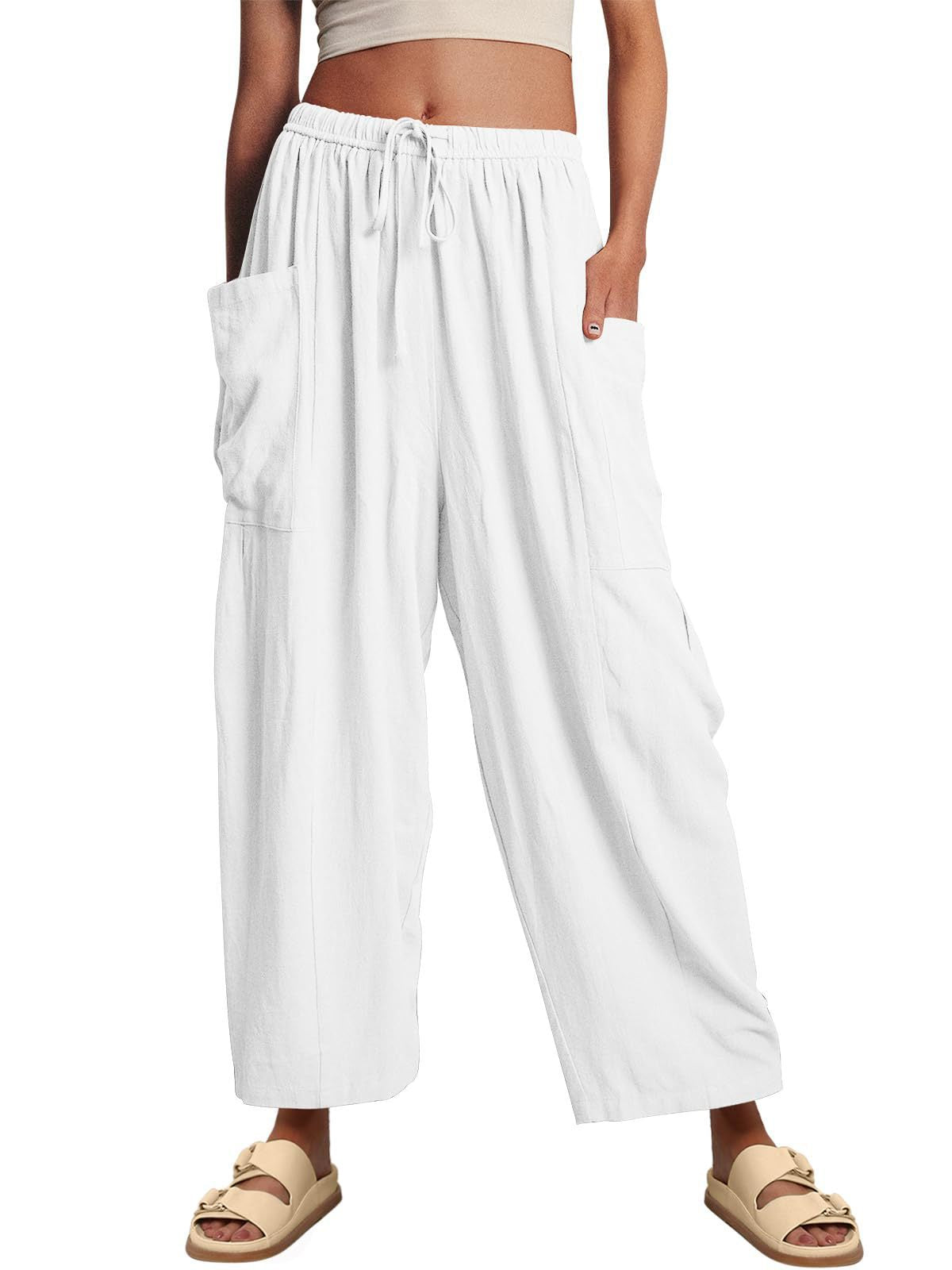 Women’s high waist wide-leg cotton linen trousers with elastic waistband and pleated design, casual and loose fit from Plush Fashion Hub.