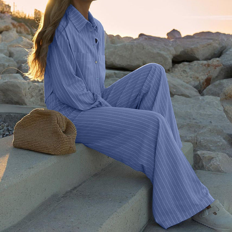 Women’s striped collared long sleeve shirt and loose wide-leg pants two-piece set by Bella Mia, casual stylish clothing ensemble.