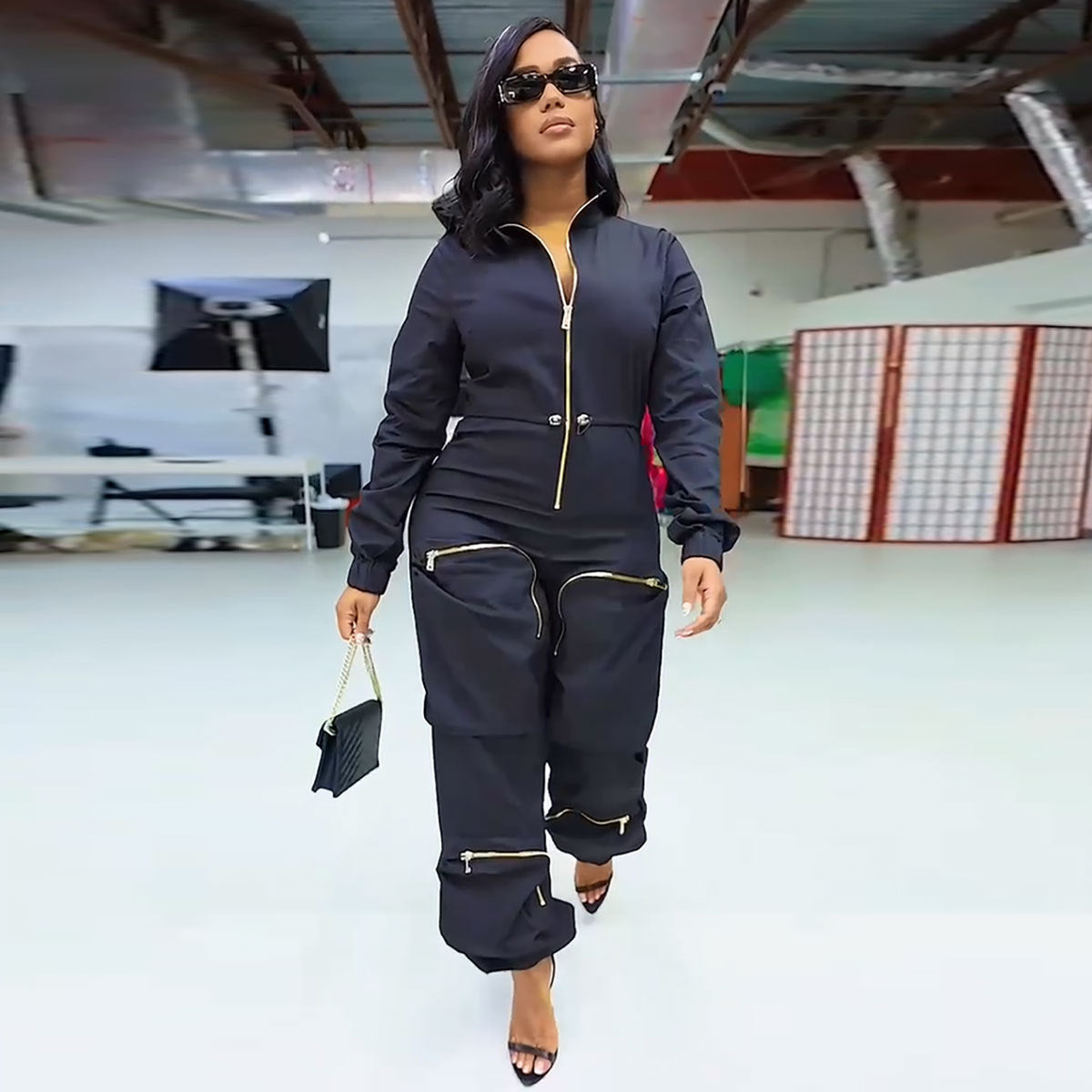 Arrival Women waist cargo overalls with metal zipper, casual bread bag style trousers in beige, by Plush Fashion Hub.