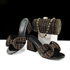 Women’s high heel slippers and cylindrical bag set, featuring rhinestone embellishments and color matching for summer style.