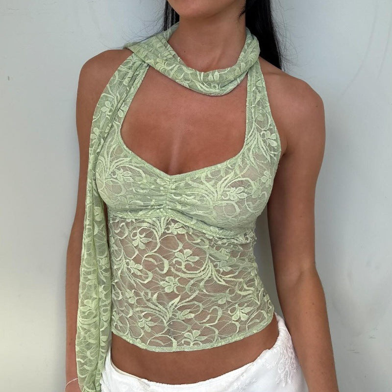 Women’s summer lace halter top by Bella Mia with see-through fabric and decorative ribbon, sleeveless design for a sexy, stylish look.