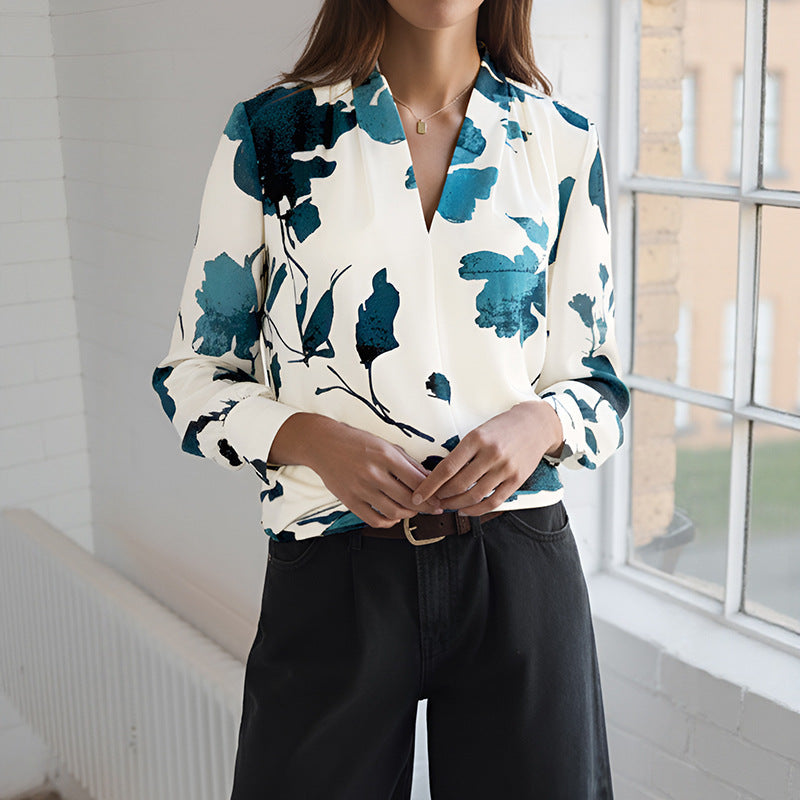Bella Mia long sleeve floral printed shirt with ink artistic design, perfect for spring and autumn casual wear.