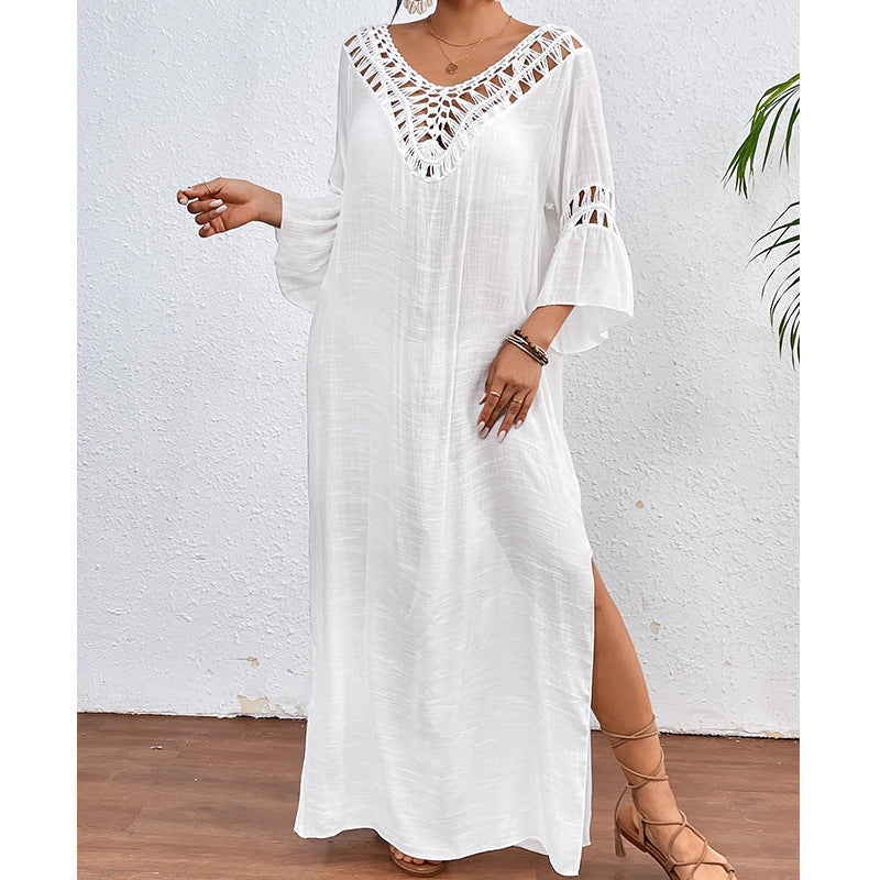 Women’s colorful crochet beach overskirt with backless cutout, loose fit, and long flowy design by Bella Mia.