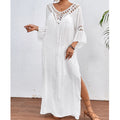 Colorful crochet beach long overskirt with hollow out cutout, backless design, loose fit, worn as women’s clothing by Wanita Store