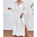 Colorful crochet beach long overskirt with hollow out cutout, backless design, loose fit, worn as women’s clothing by Wanita Store