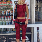 Bella Mia women's summer two-piece set with polka dot sleeveless backless top and slim cropped pants, perfect for warm weather.