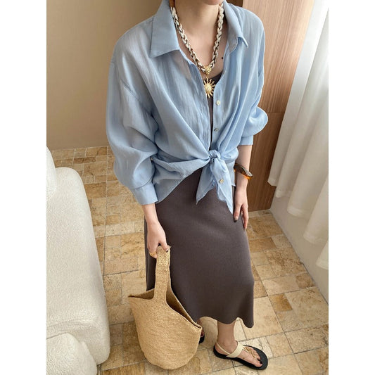Back Slit Modeling Lanjing Tencel Blended Simple Casual Loose Shirt Bella Mia
