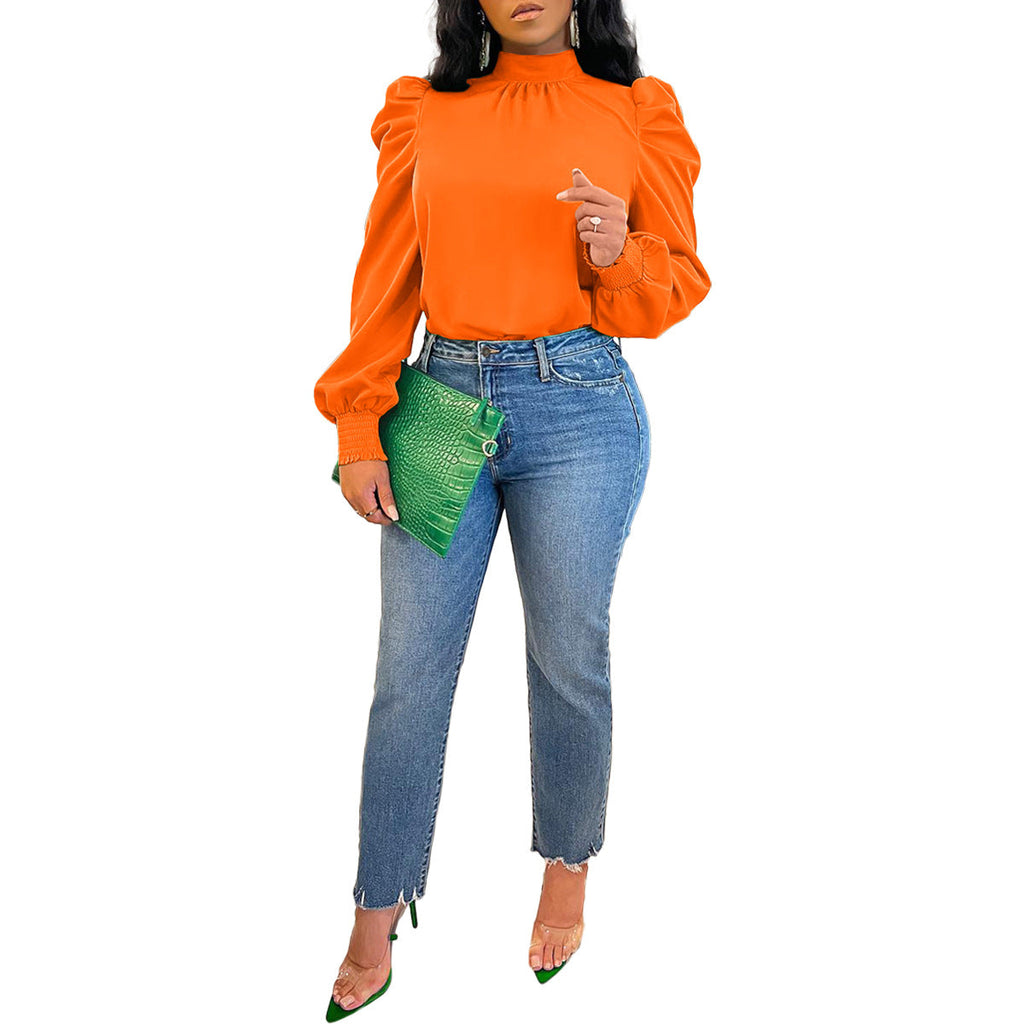 Bella Mia women's long-sleeve lace-up top with stand-up collar, puff sleeves, and solid color, suitable for all seasons.