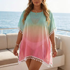 Women’s casual loose gradient print T-shirt with tassel stitching, perfect as a beach cover-up, by Plush Fashion Hub.