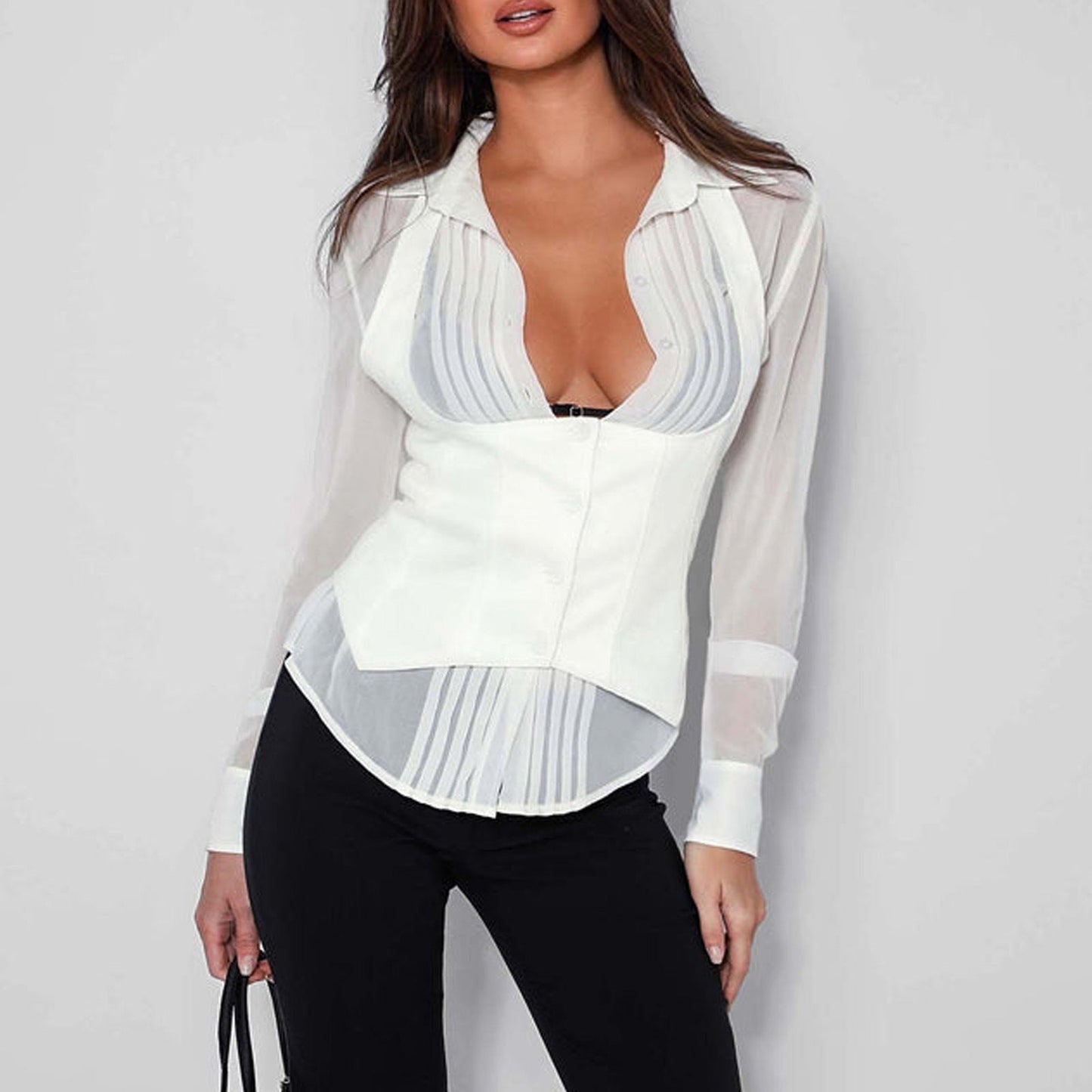Women Polo Collar Shirt Vest Two Piece Set Sexy Halter Waist Tight Top Bella Mia
