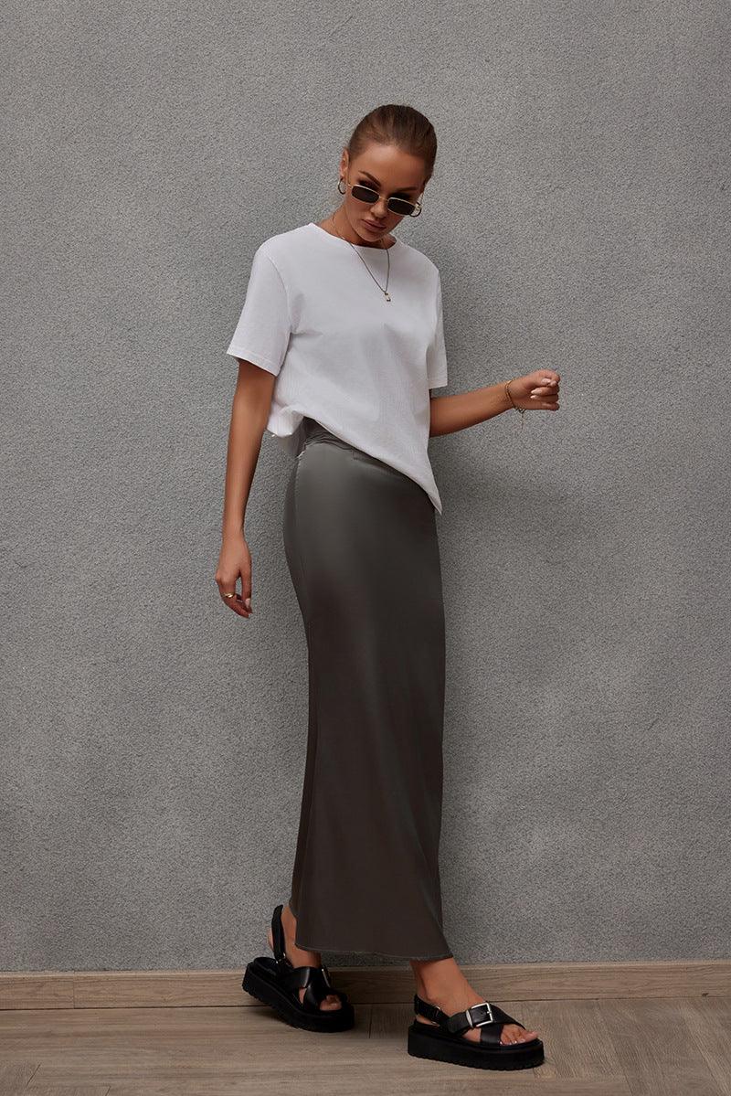 Bella Mia women's spring summer satin skirt with artificial silk fabric, casual hip-length satin skirt for women.