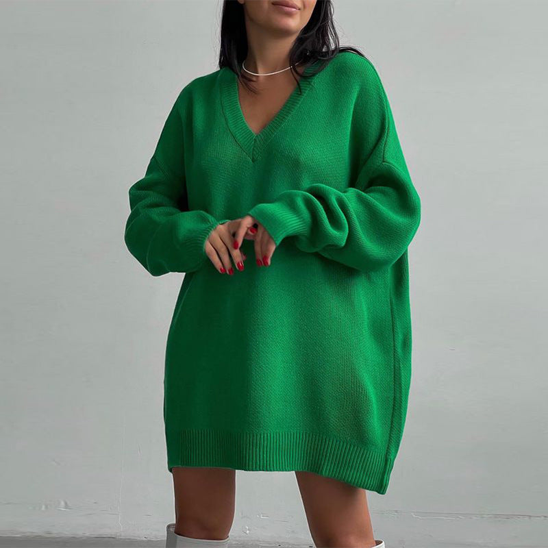 Women’s long sleeve V-neck knitted sweater dress by Plush Fashion Hub, featuring a casual loose fit for autumn and winter wear.