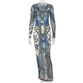 Color matching women's street sheath dress with V-neck, long sleeves, metal ring waist, perfect for stylish occasions.