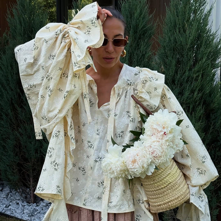 French Design Ruffled Tied Printed Shirt Women Arrival round Neck Flared Sleeves All Match Office Top Bella Mia